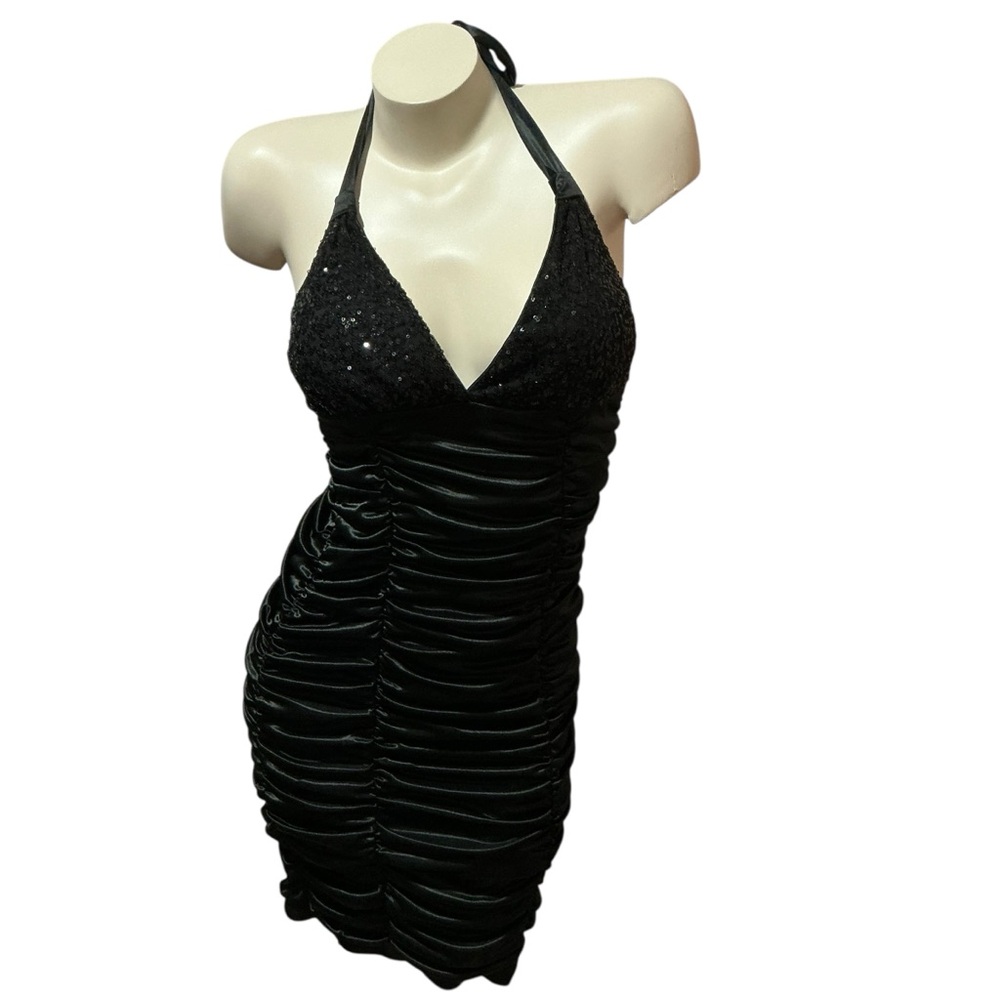 XOXO Sexy Halter Top Ruched Short Dress Party Backless Sequin Black VTG Size M